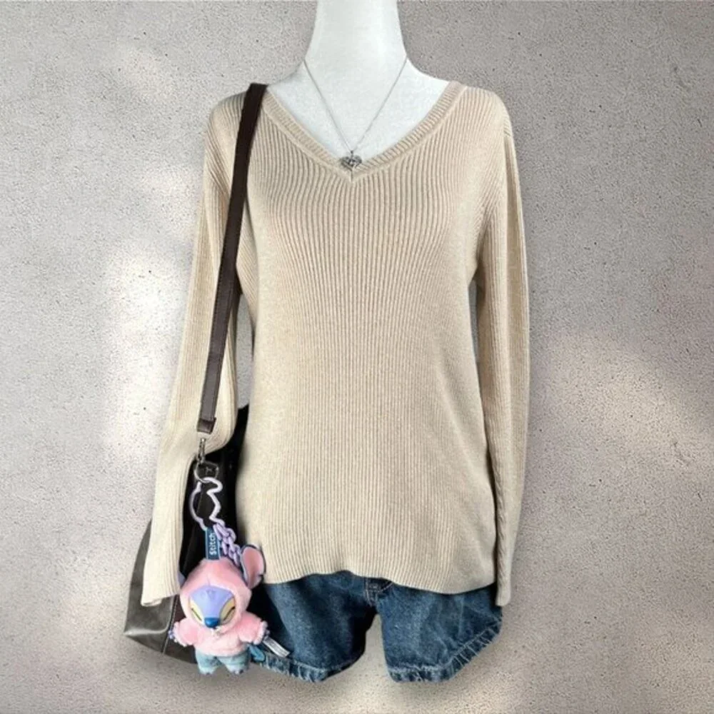 Karen Scott Pullover Sweater Women’s Small Cream Ribbed Marled V Neck Preppy Y2K